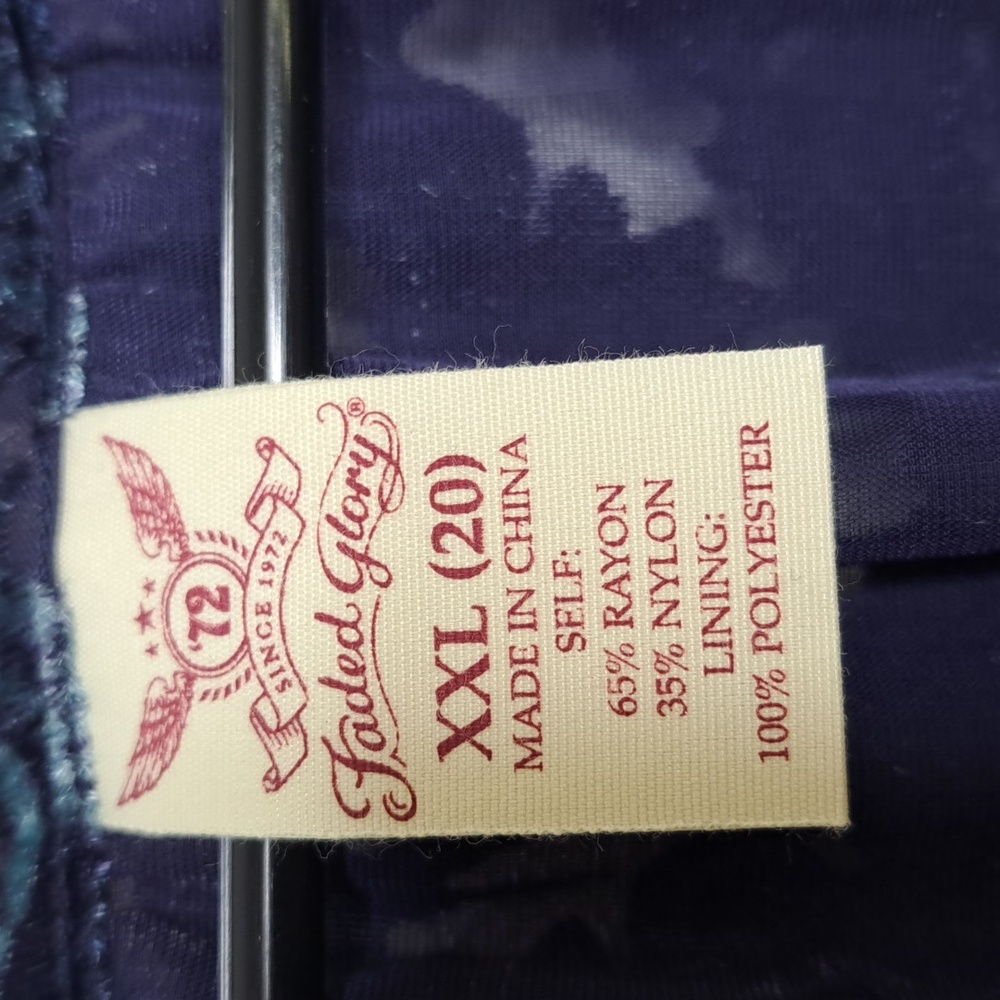 Faded Glory Purple Blue Floral Velvet Blouse 3/4 Sleeve XXL - Picture 3 of 16